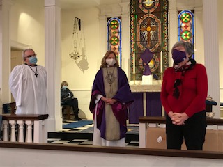 February 28, 2021, marked the last service at Christ Church by organist and choir director Chris Psolka, shown with Mother Lisa Mitchell and Chris's husband Jamie Gree.